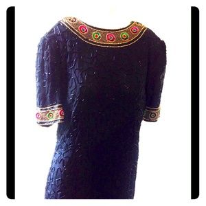 Vintage Sequin Black Dress Gold Beaded Formal